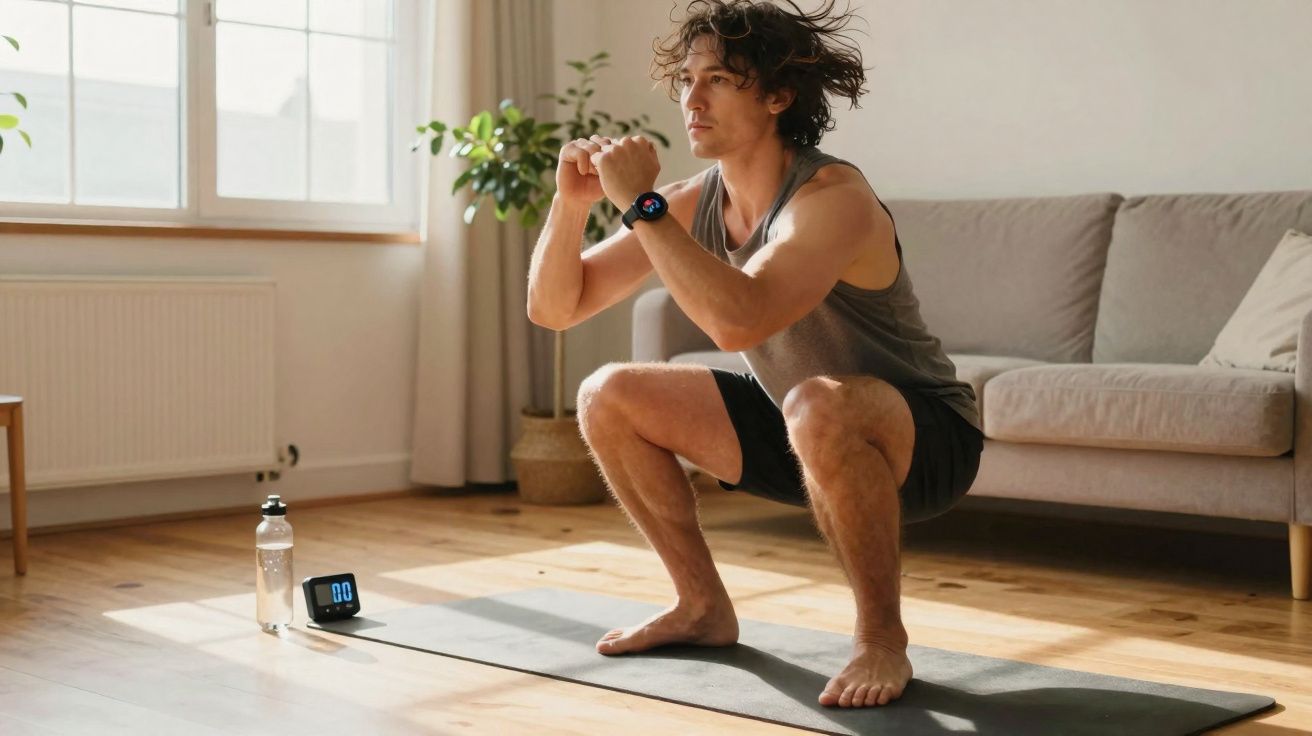 Homem fazendo agachamento em tapete de yoga em sala de estar iluminada, com garrafa e relógio digital perto.