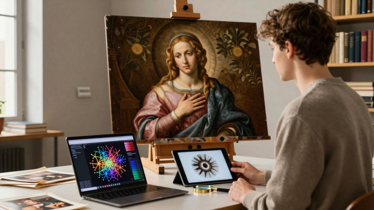 Jovem analisando arte clássica em tela enquanto trabalha com gráficos e imagens digitais no computador e tablet.