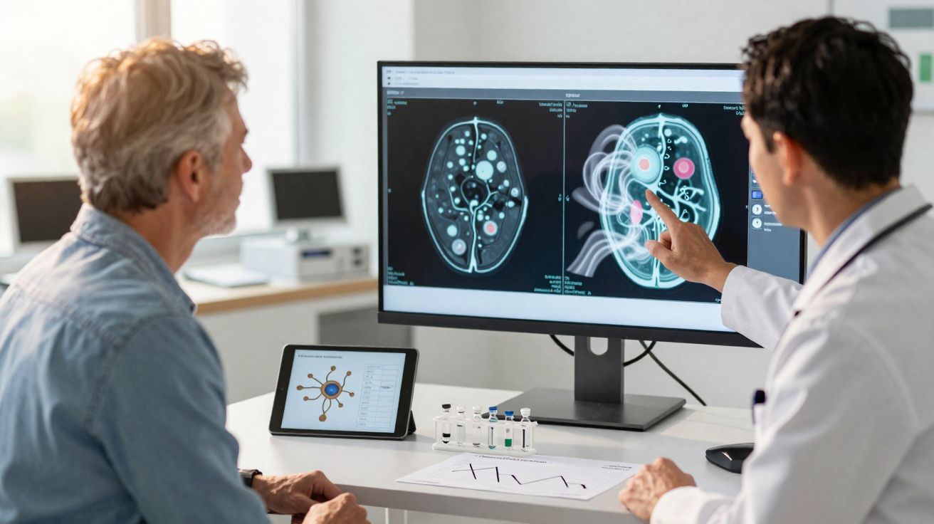 Médico mostrando exame de tomografia para paciente idoso em consultório moderno.