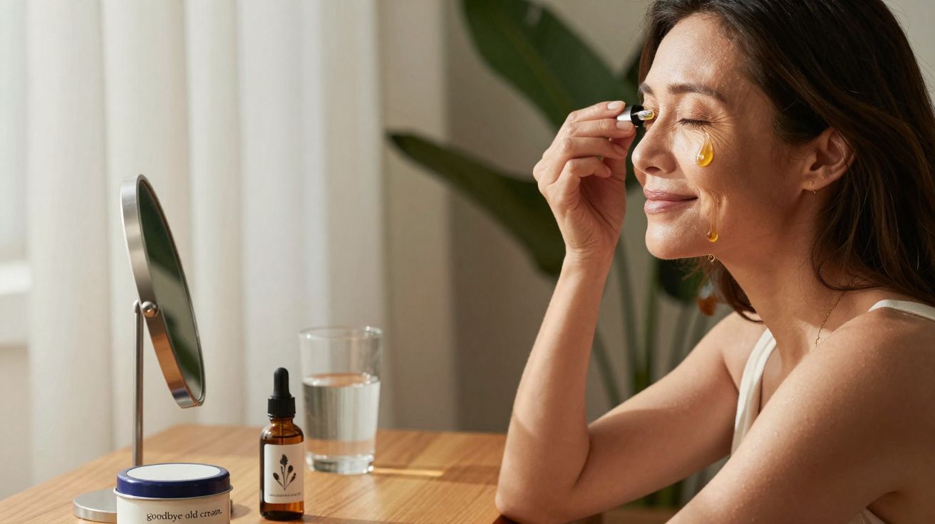 Mulher aplicando óleo facial com conta-gotas, sentada à mesa com espelho e produtos de beleza.