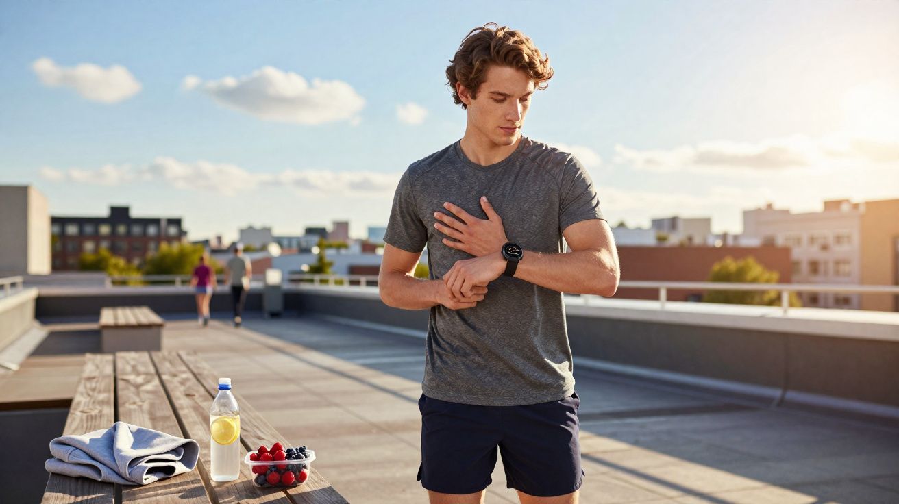 Homem em roupa esportiva olhando relógio em área externa urbana ao pôr do sol.
