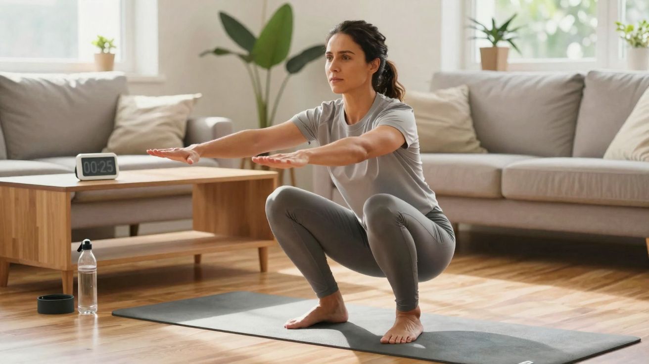 Mulher fazendo exercício de agachamento em tapete na sala, com garrafa d'água e relógio ao lado.