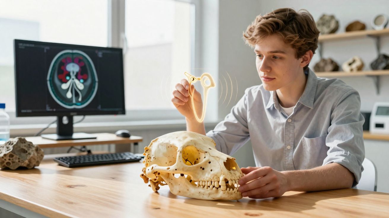 Jovem analisando crânio animal com holograma em laboratório moderno com computador ao fundo.