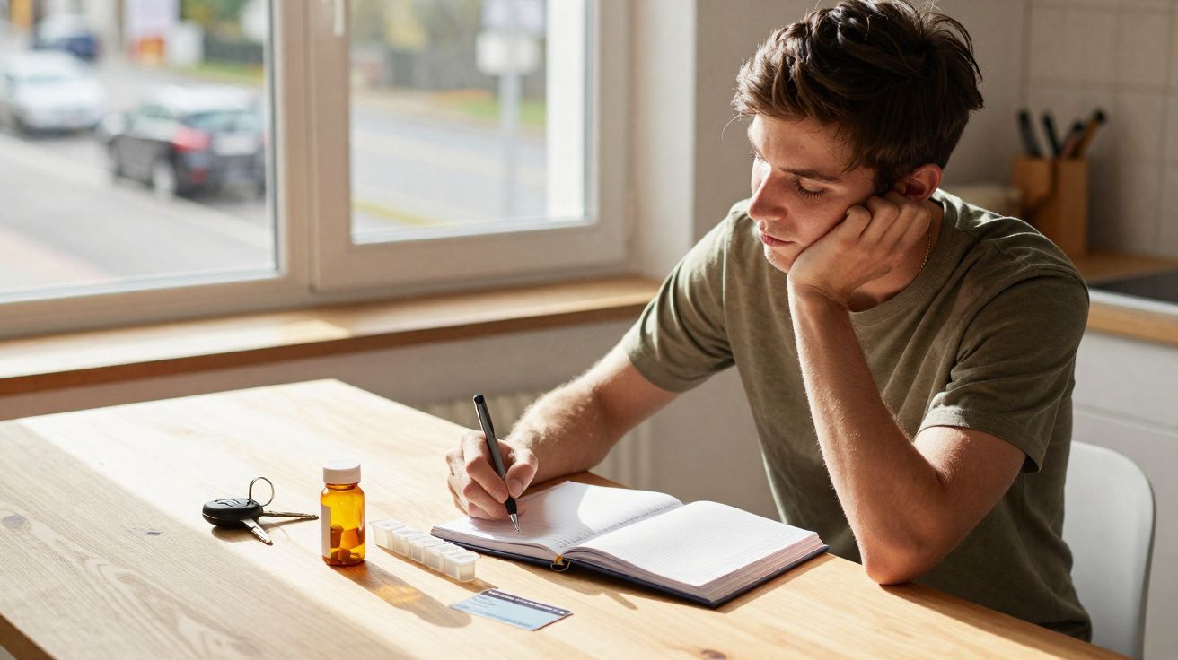 Homem jovem escrevendo em caderno em mesa com remédios, chave e cartão ao lado, perto de janela.
