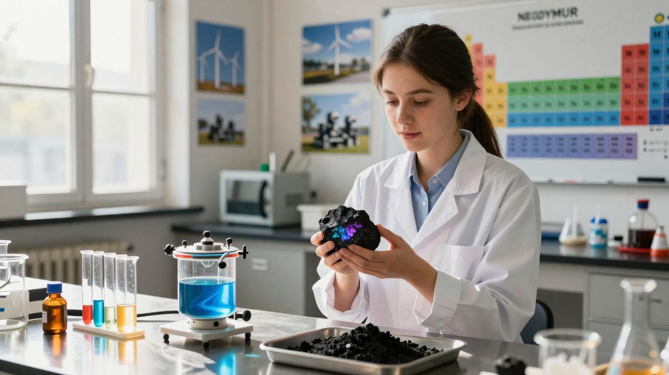 Jovem cientista em laboratório analisando rocha com brilho colorido sob luz natural.