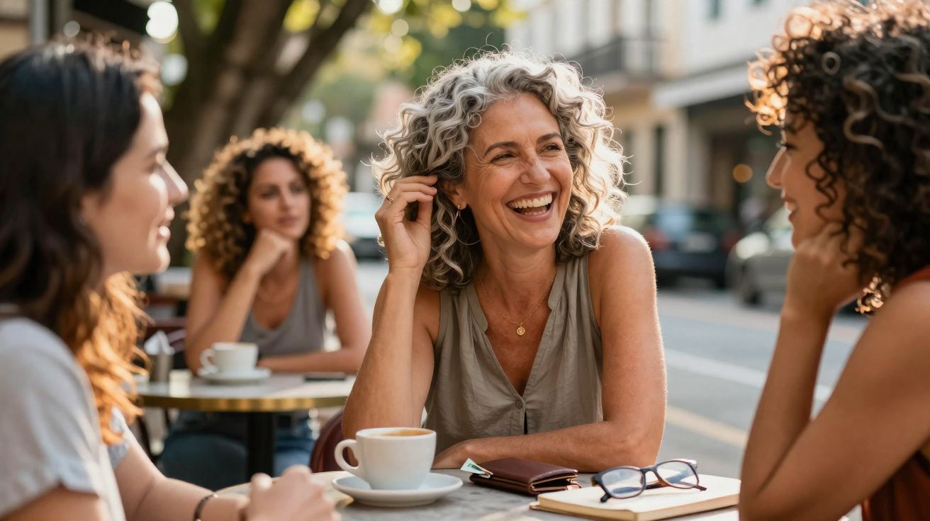 Mulheres conversando e sorrindo em café ao ar livre durante o dia, com xícaras e caderno na mesa.