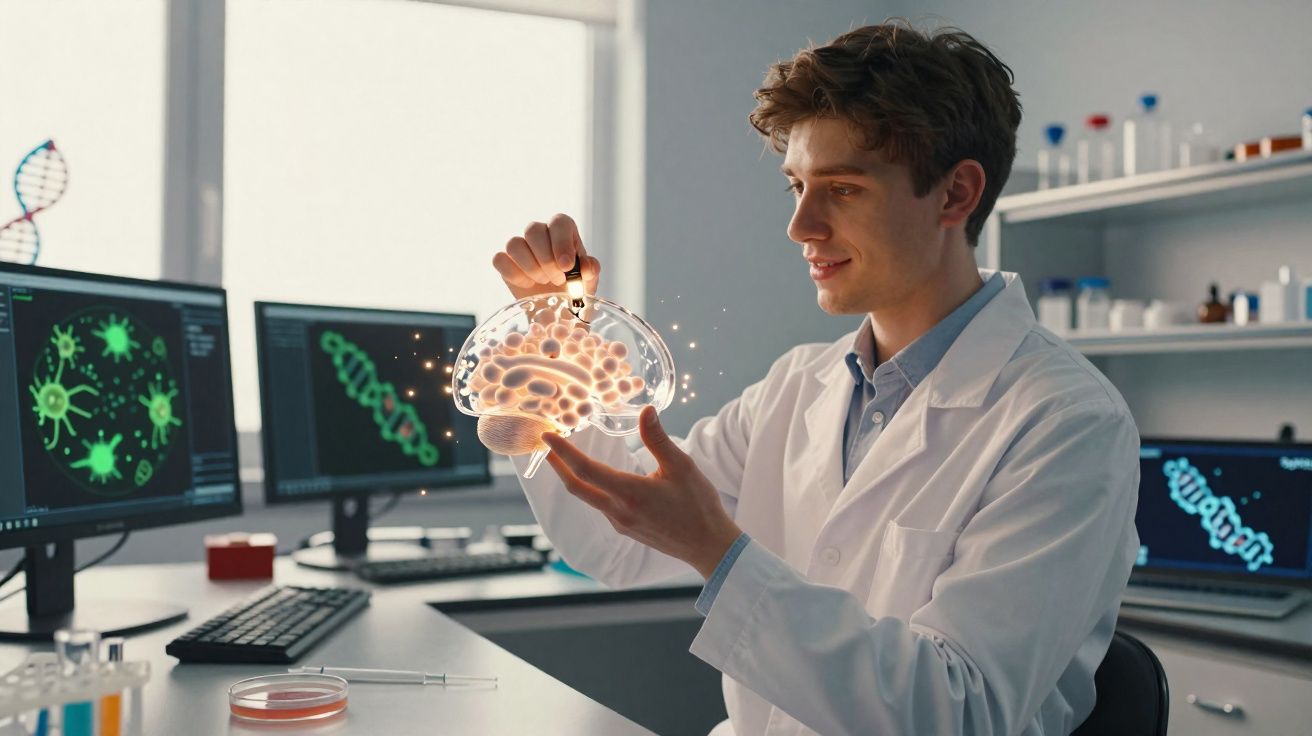 Cientista em laboratório segurando modelo digital brilhante de cérebro com monitores exibindo gráficos de DNA ao fundo.
