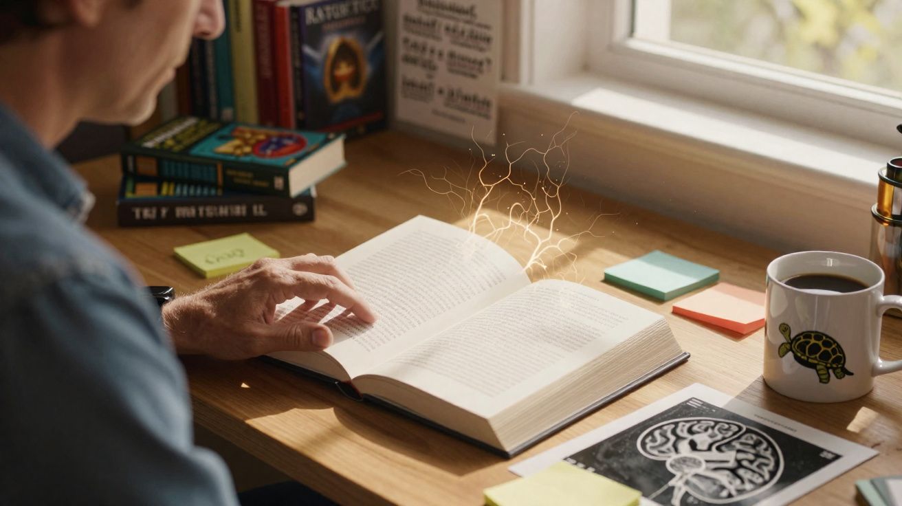 Pessoa lendo livro em mesa com xícara de café, post-its, livros e ilustração de cérebro.