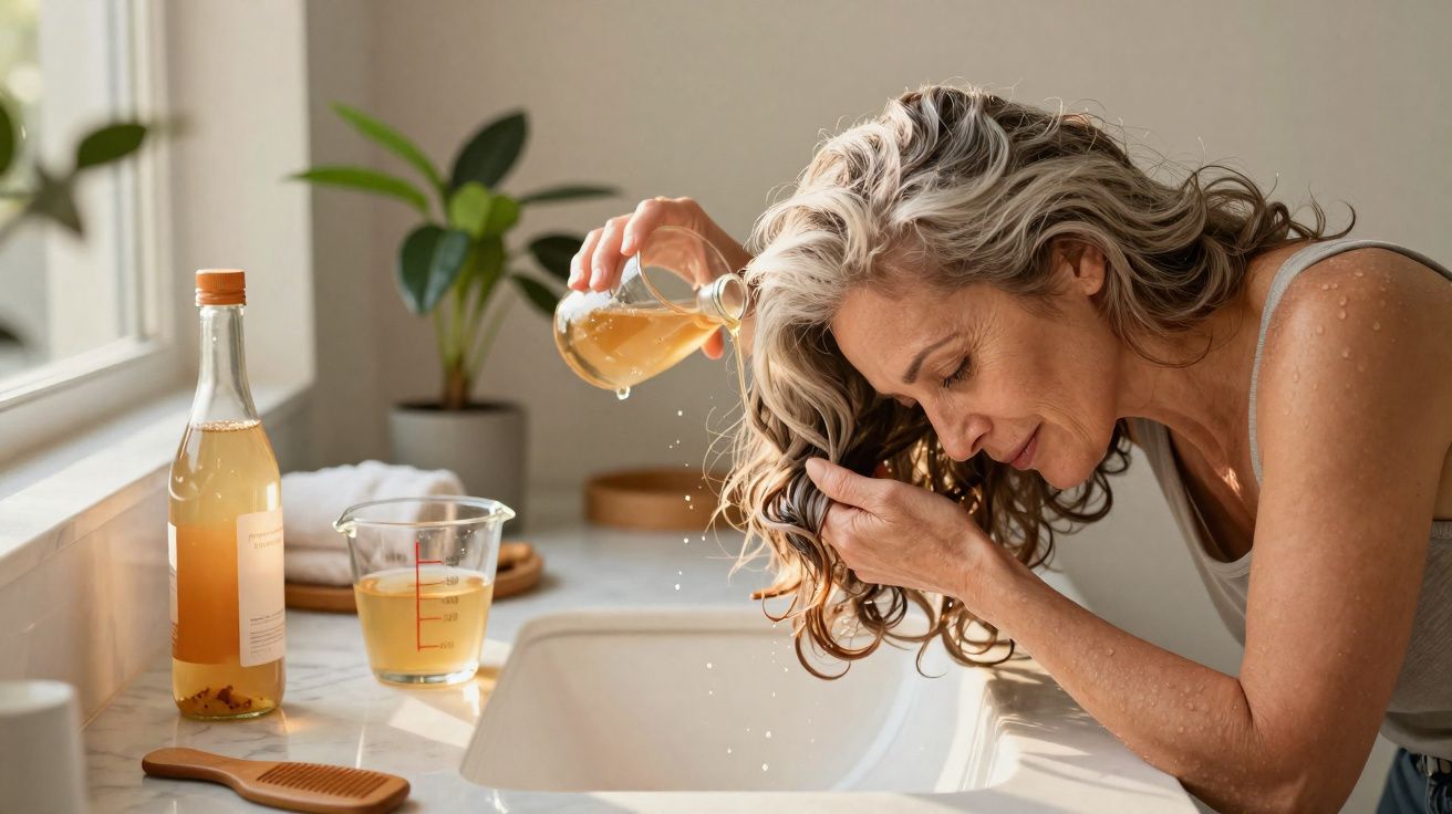 Mulher despejando líquido no cabelo sobre pia em banheiro iluminado e arejado.