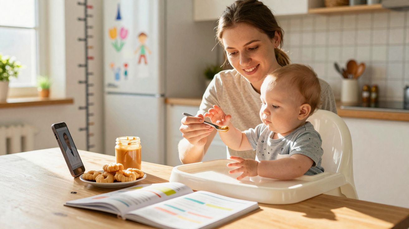 Mãe alimentando bebê em cadeirão na cozinha, com livro aberto e smartphone em vídeo chamada na mesa.