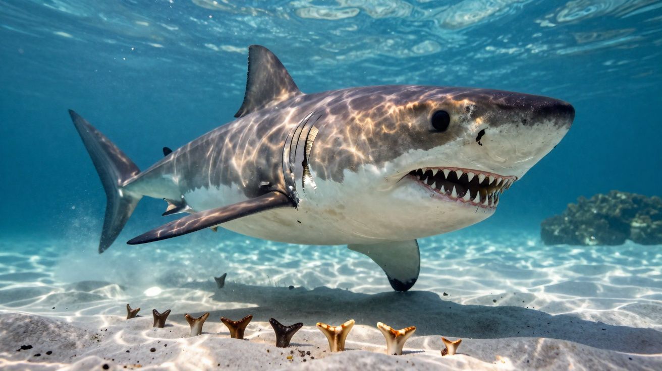 Tubarão branco nadando perto do fundo do mar com dentes pequenos espalhados na areia.