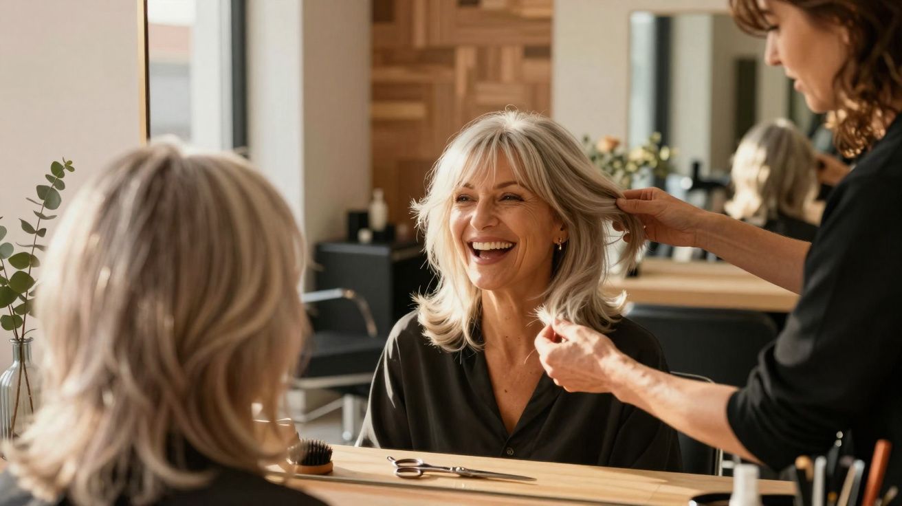 Mulher sorrindo em salão de beleza enquanto cabeleireira ajeita seu cabelo grisalho.