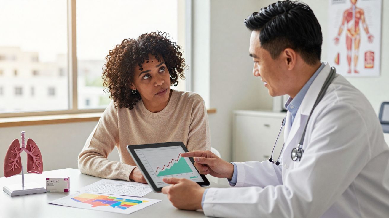 Médico mostrando gráfico em tablet para paciente durante consulta em consultório com modelo de pulmão ao fundo.