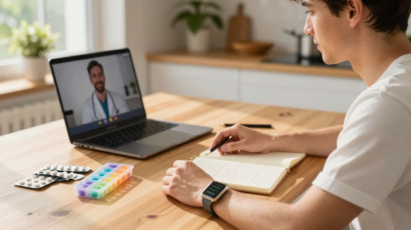 Jovem faz consulta médica online pelo notebook enquanto anota informações e tem remédios e organizador de comprimidos na mesa