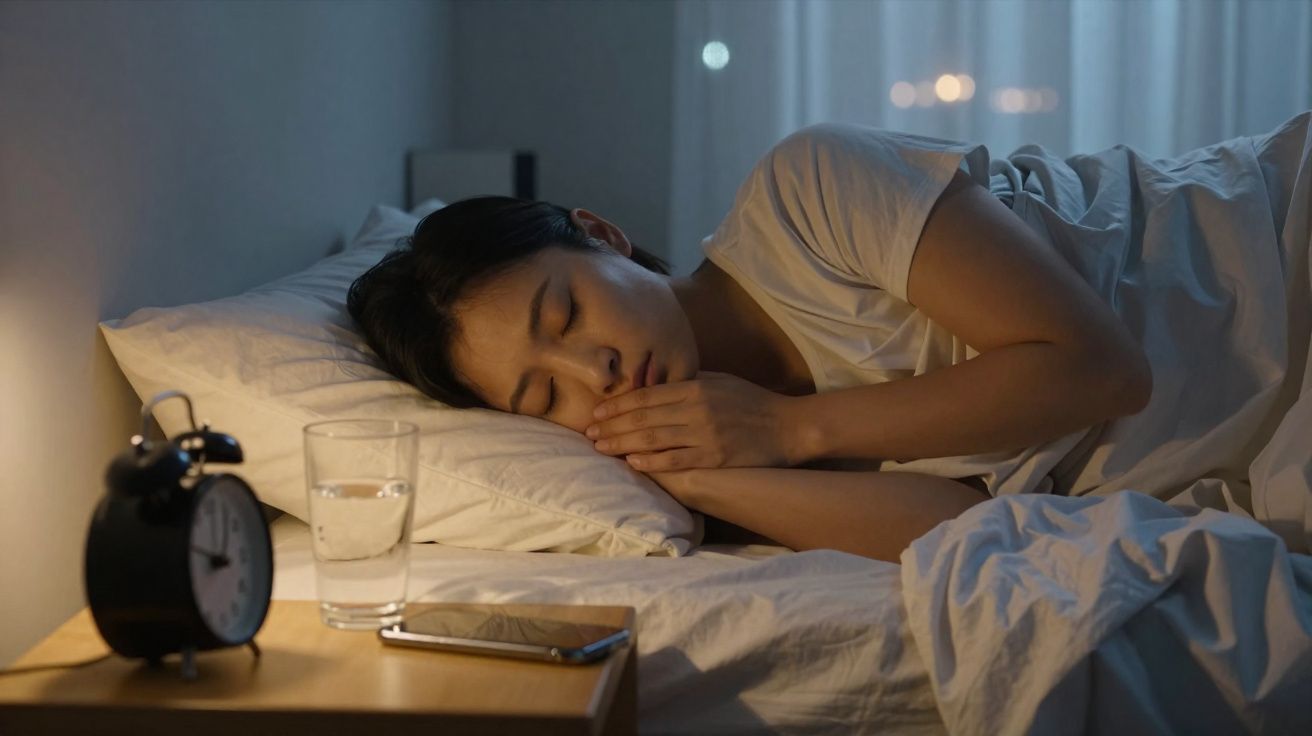 Mulher dormindo na cama ao lado de mesa com copo d'água, celular e relógio despertador preto.