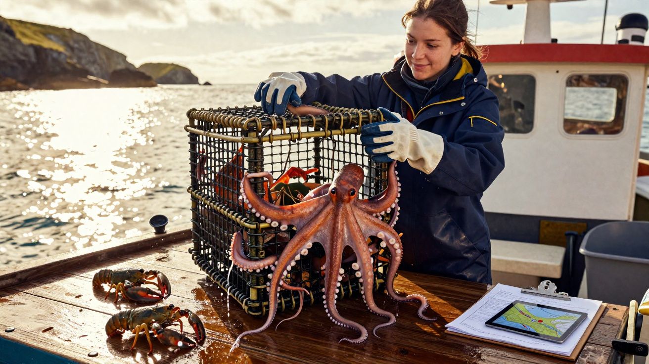 Mulher segurando armadilha com polvo e lagostas em barco de pesca ao entardecer.