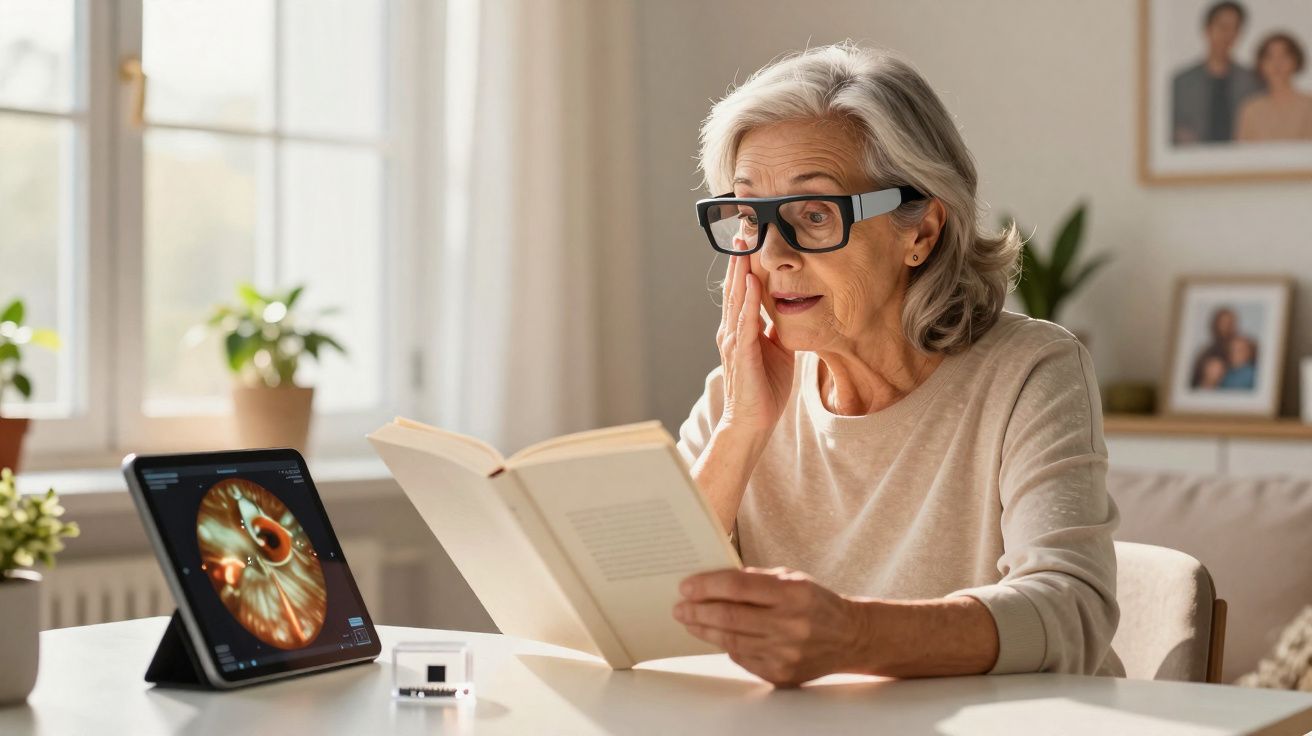 Mulher idosa usando óculos de aumento lê livro com ajuda de dispositivo tecnológico em mesa iluminada.