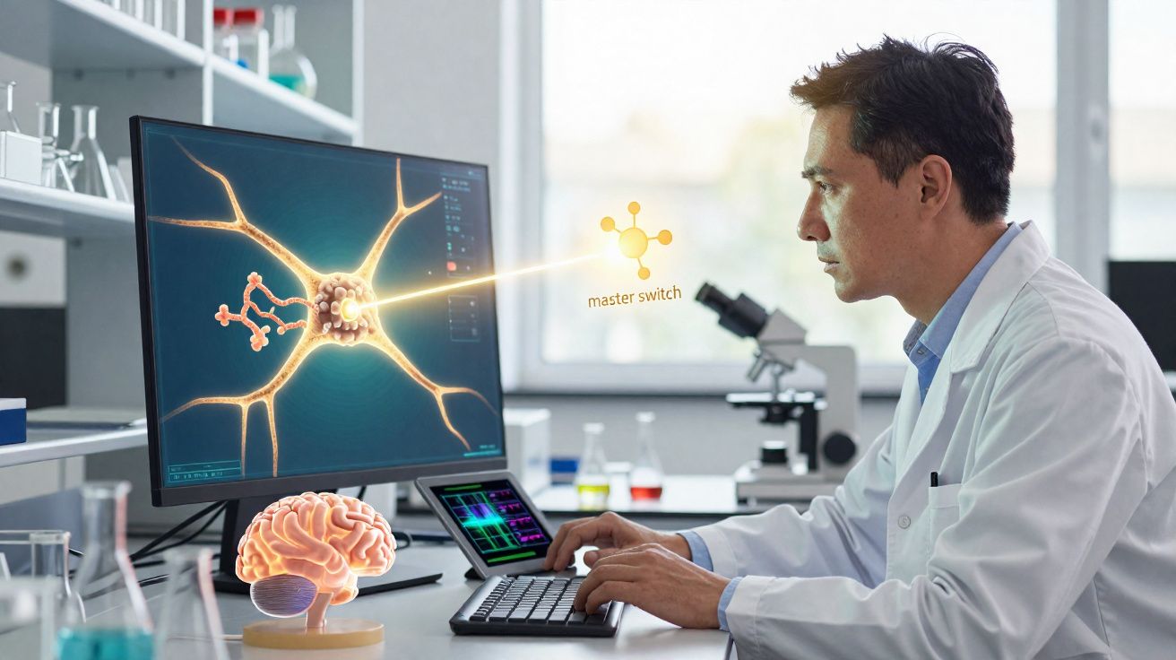 Cientista analisa imagem digital de neurônio com modelo de cérebro em mesa de laboratório moderno.