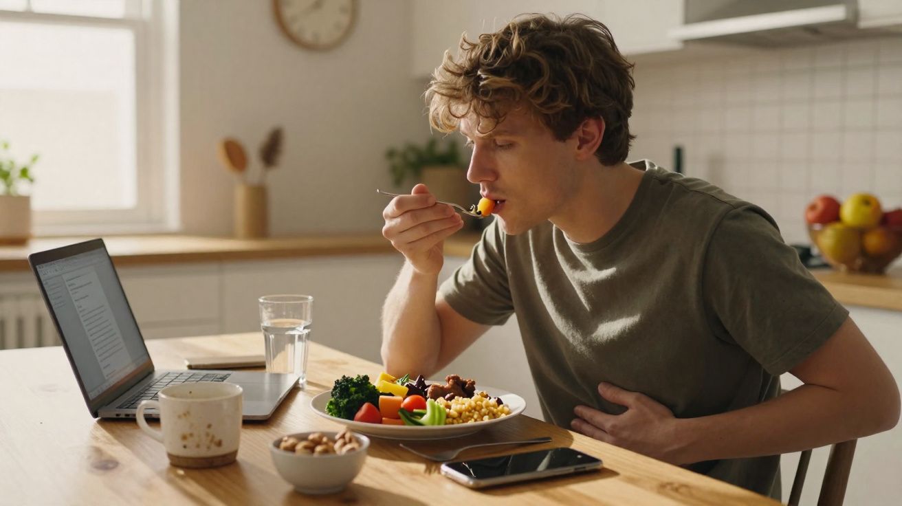 Jovem com camiseta verde comendo salada em mesa de cozinha enquanto usa laptop.