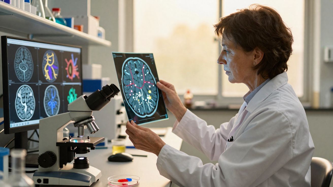 Cientista analisando imagens de ressonância magnética do cérebro em laboratório com microscópio e computador.