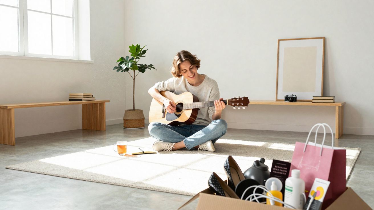 Pessoa tocando violão sentada no chão de sala iluminada, com caixa de objetos pessoais e sacola ao lado.