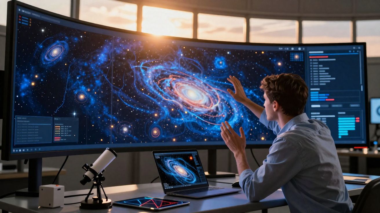 Jovem cientista observa e interage com imagem digital de galáxia em tela ampla com dispositivos tecnológicos.