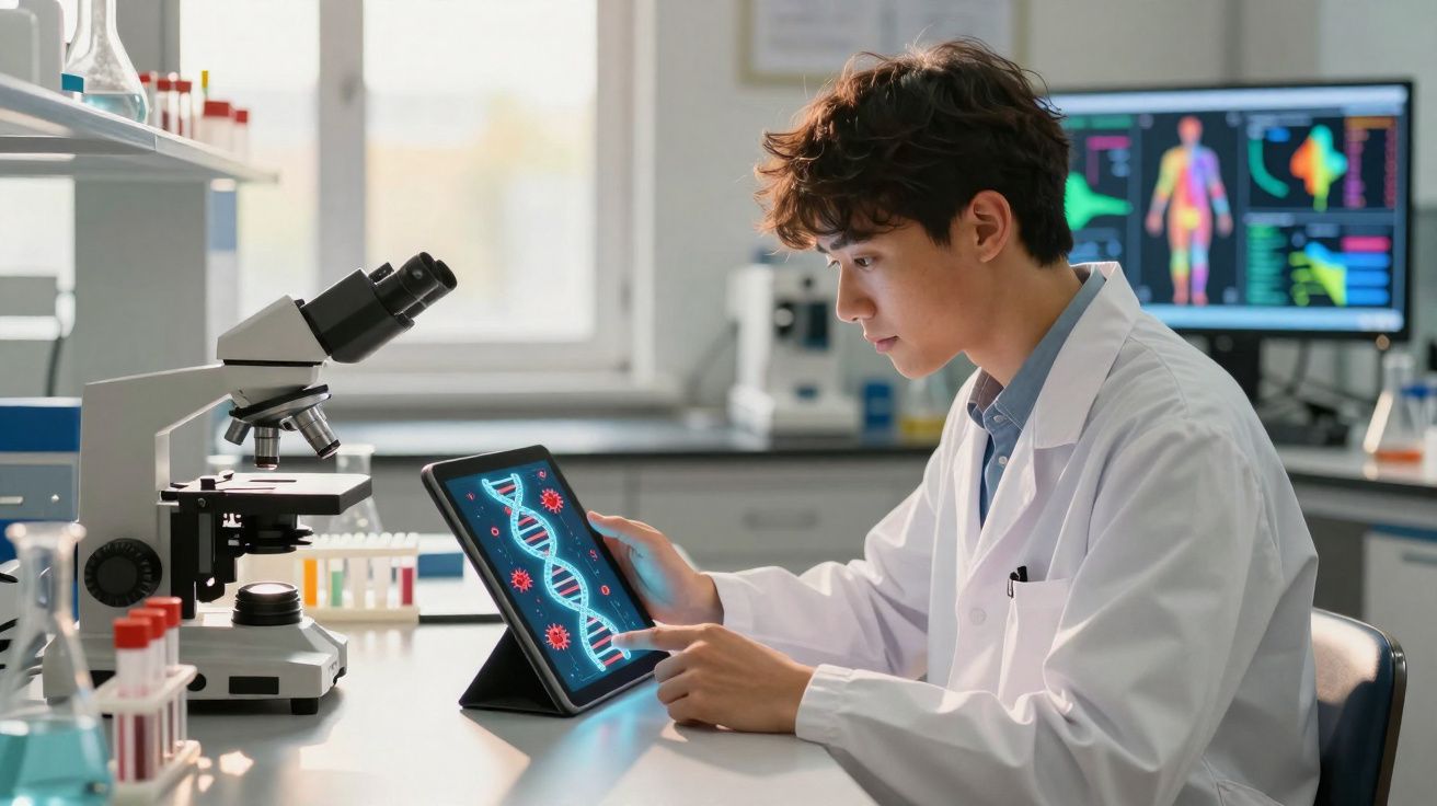 Jovem cientista em laboratório analisando imagem digital de DNA e vírus em tablet ao lado de microscópio.