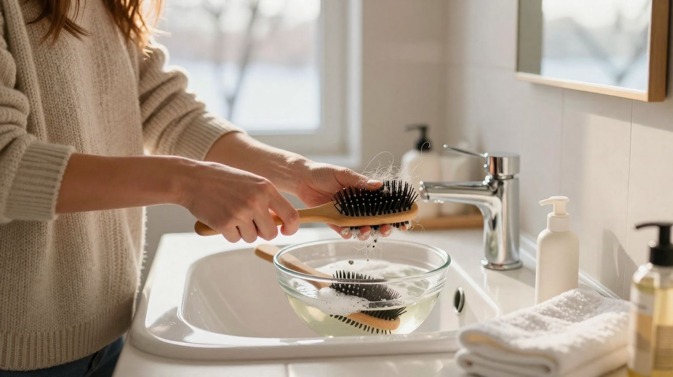 Pessoa lavando escovas de cabelo com sabonete em uma pia branca iluminada por luz natural.