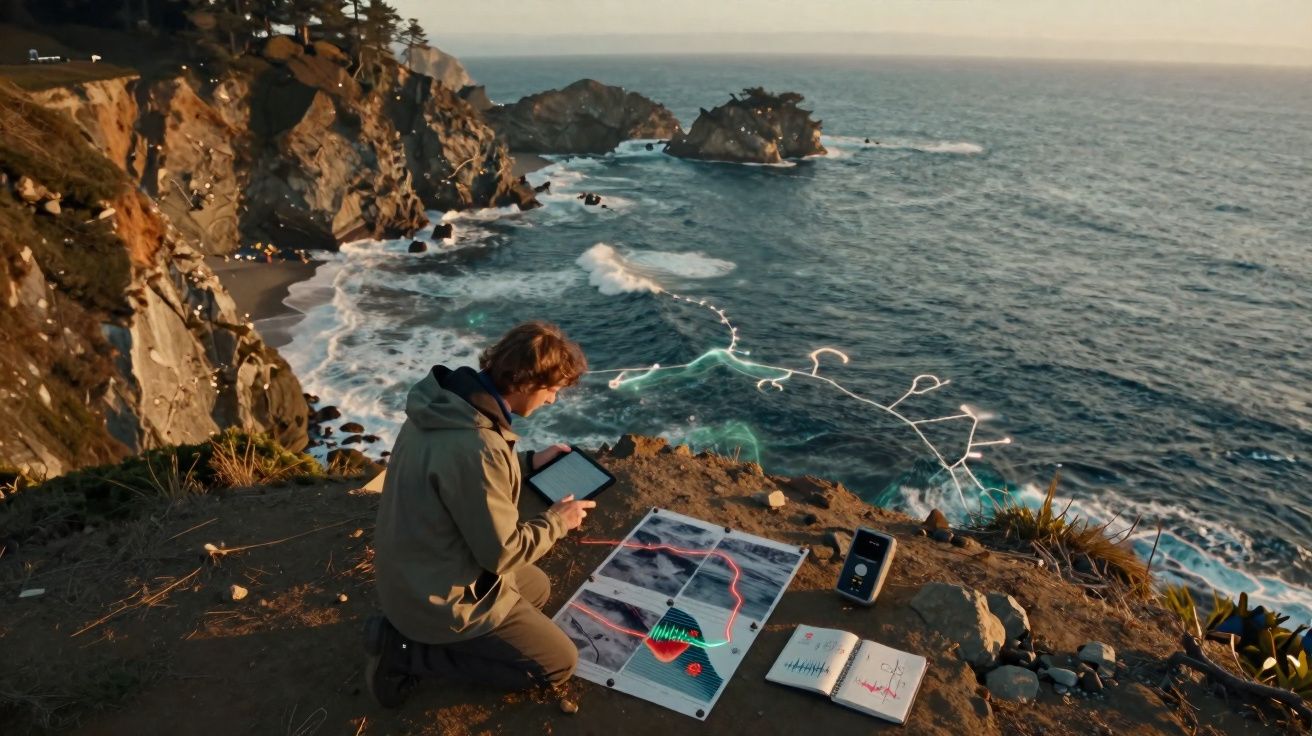 Pessoa em penhasco à beira-mar usando tablet para analisar dados ilustrados digitalmente ao pôr do sol.