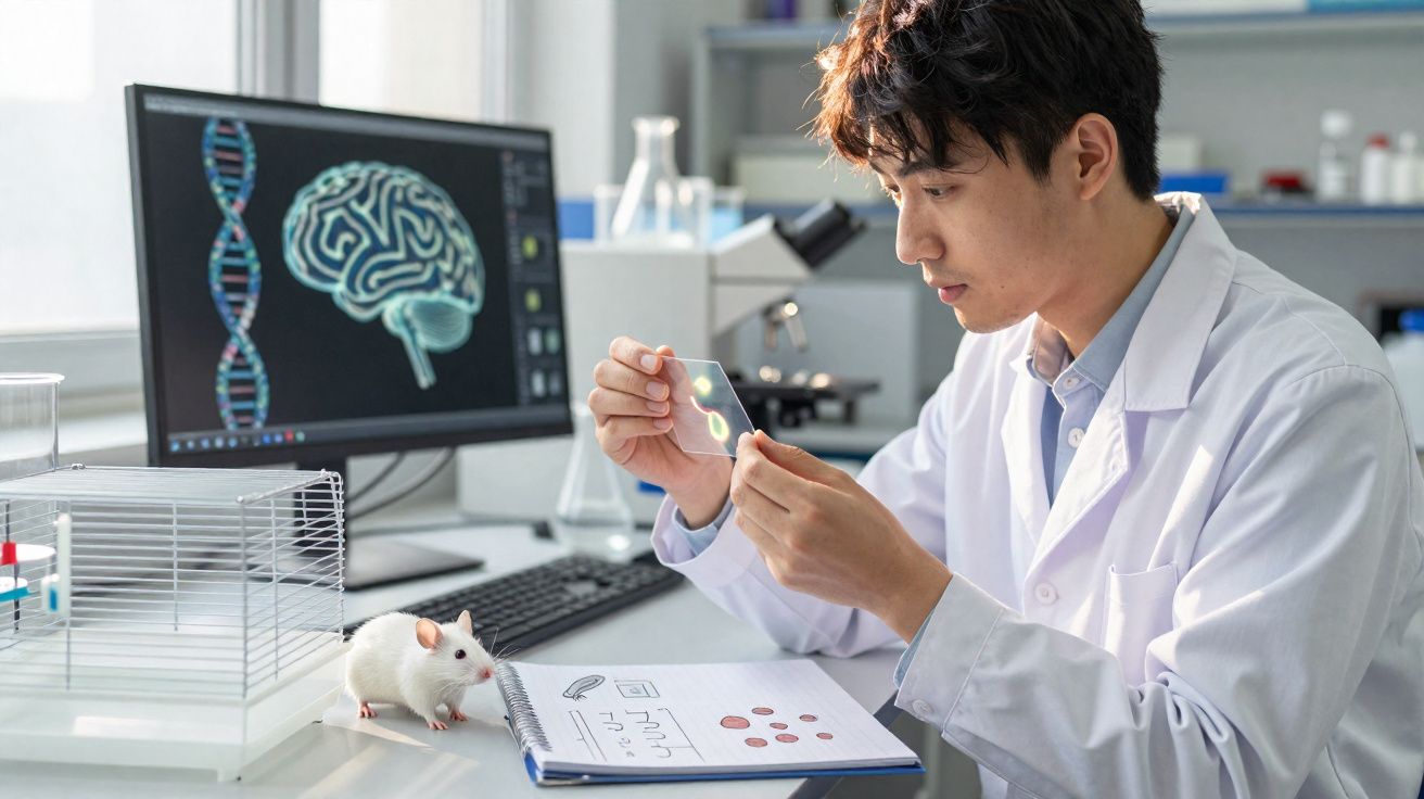 Cientista analisando lâmina em laboratório com rato branco, computador com DNA e cérebro ao fundo.