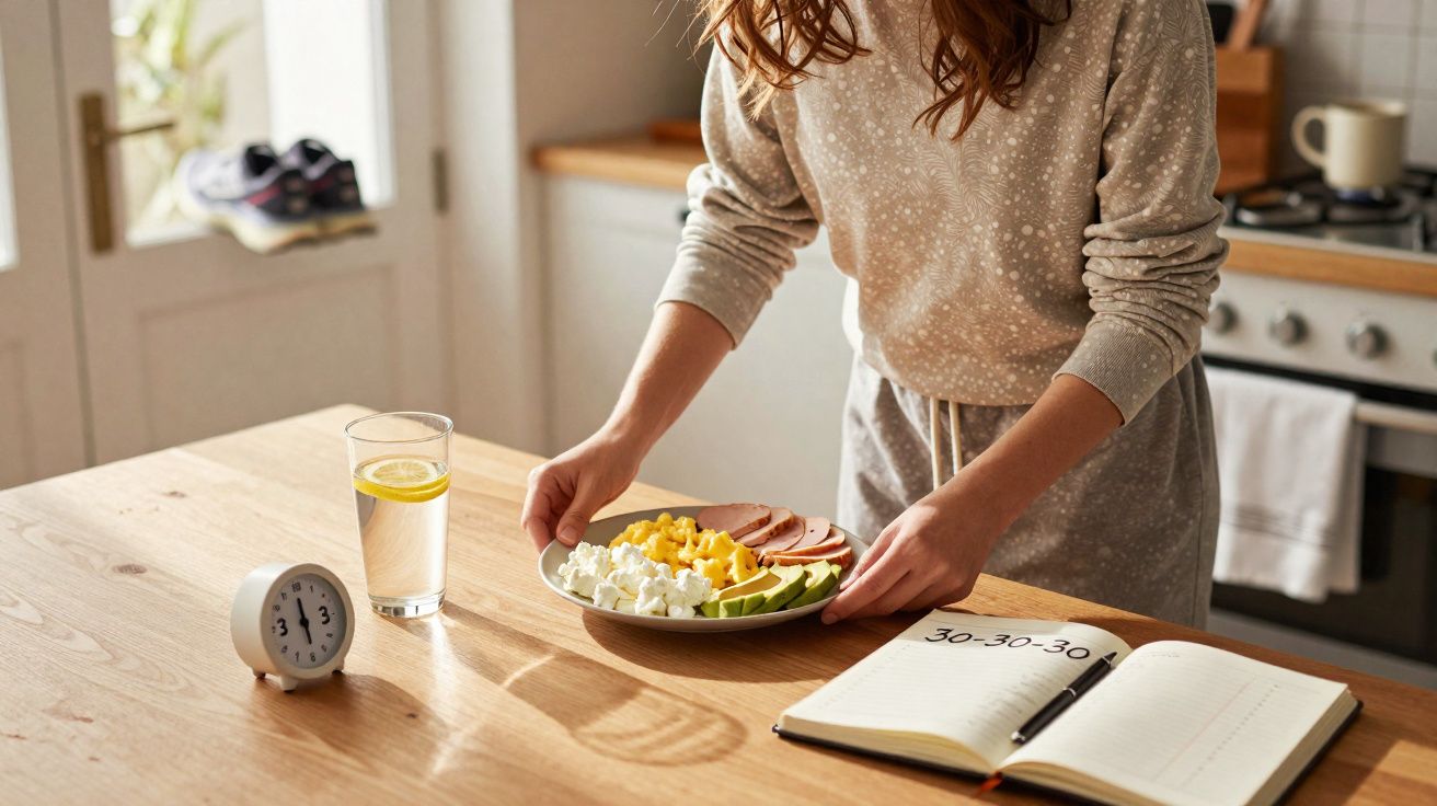 Pessoa colocando prato com alimentos saudáveis em mesa ao lado de copo de água com limão, relógio e caderno aberto.
