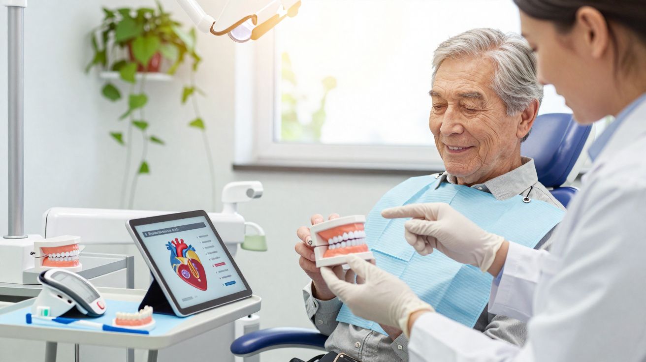 Paciente idoso em consulta odontológica recebendo explicação sobre prótese dentária do dentista.