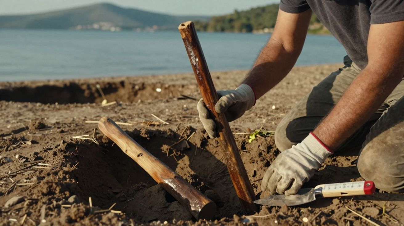 Pessoa usando luvas cavando buracos na areia próxima a um lago, com ferramentas de madeira e metal.