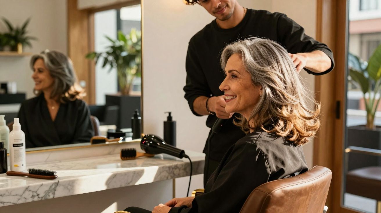 Mulher sorridente com cabelo grisalho sendo atendida por cabeleireiro em salão moderno.