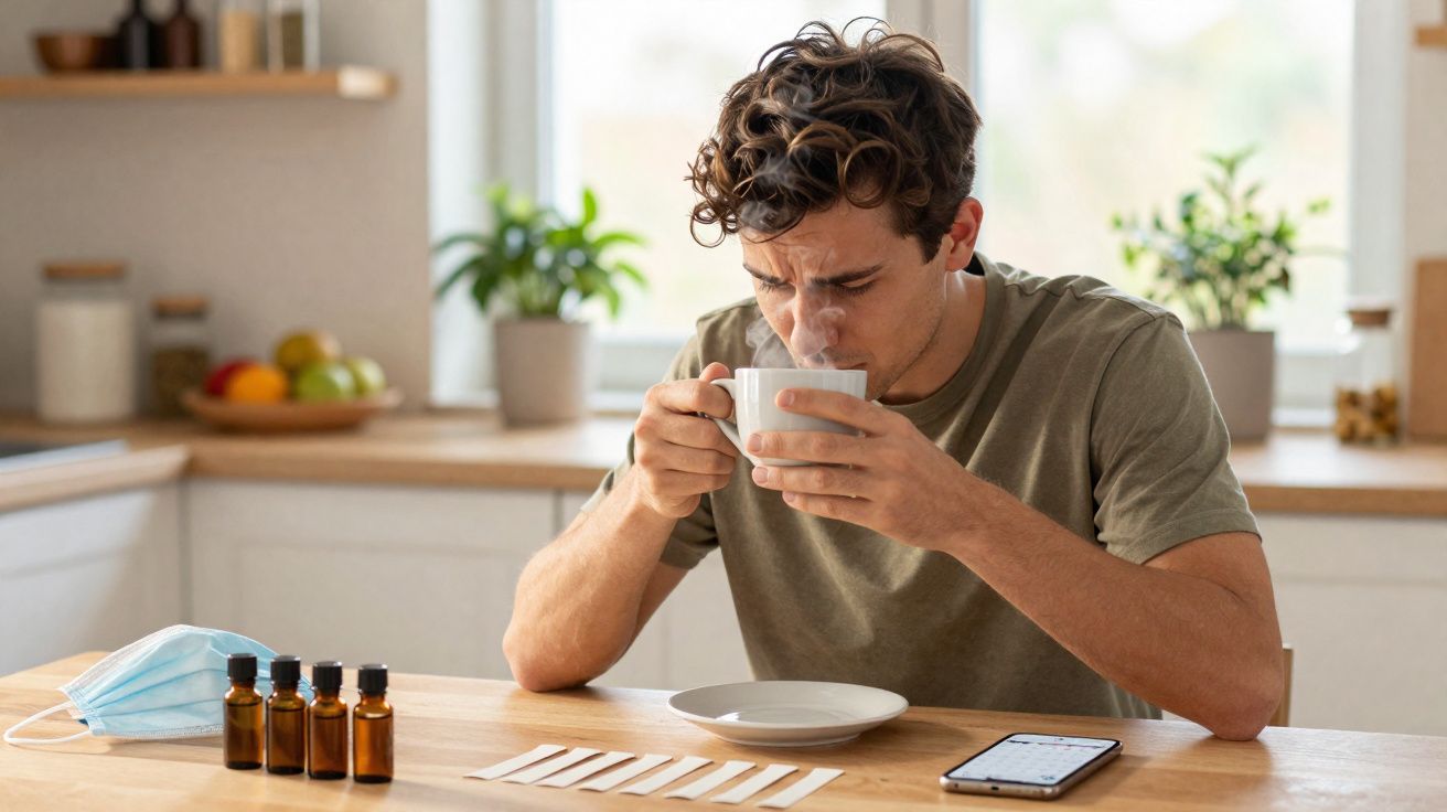 Homem sentado na cozinha tomando remédio líquido em xícara com frascos e máscara descartável na mesa.