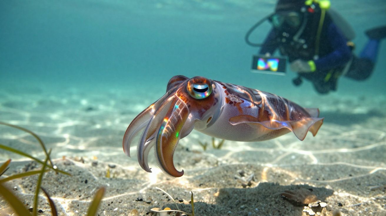 Lula marinha nadando próxima ao fundo arenoso com mergulhador ao fundo fotografando.