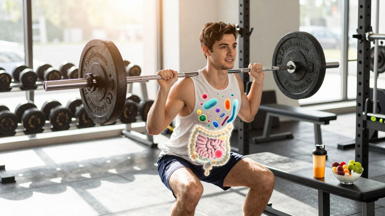 Homem malhando com barra e ilustração do sistema digestivo e bactérias boas no abdômen.