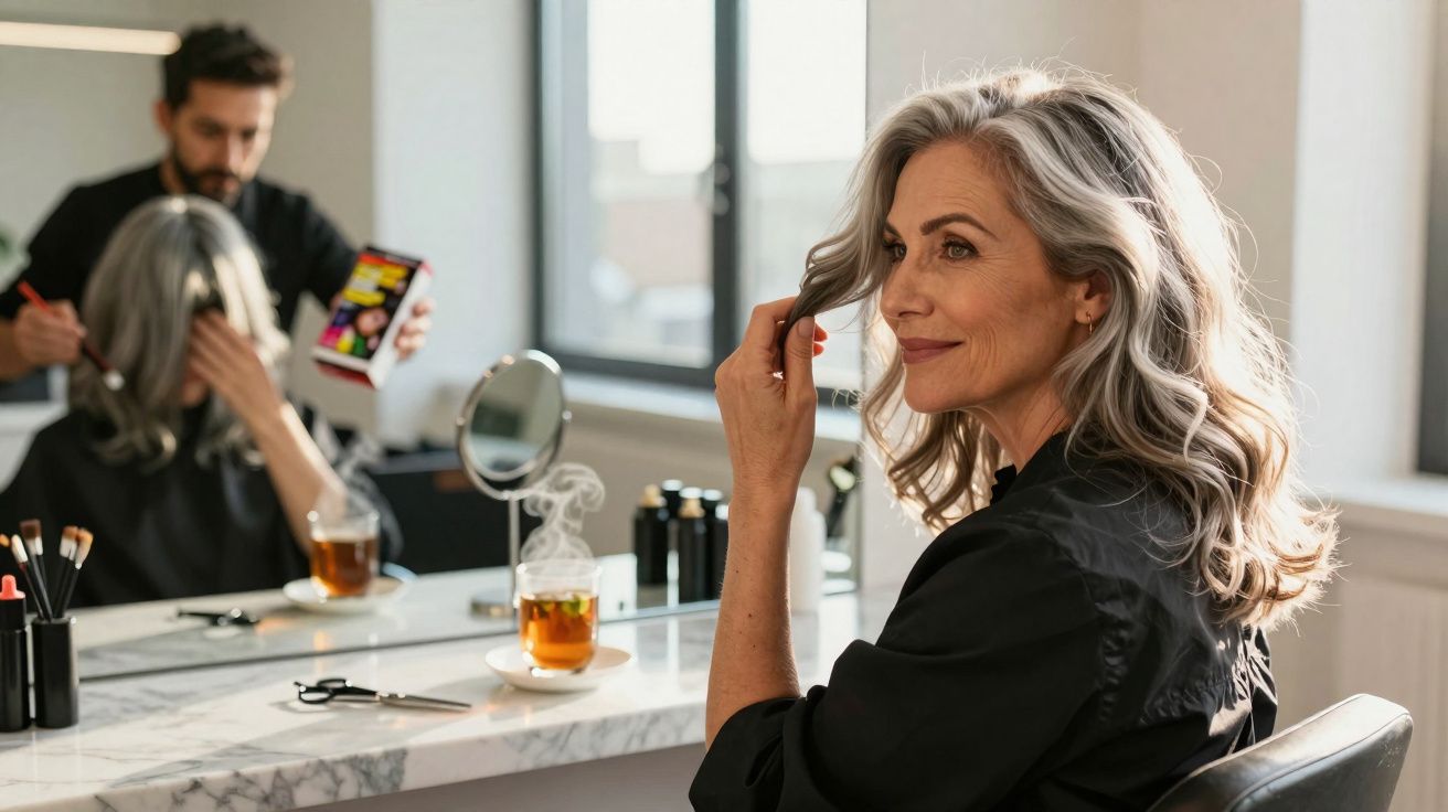 Mulher madura com cabelos grisalhos aproveita penteado no salão de beleza enquanto o cabeleireiro prepara tintura.