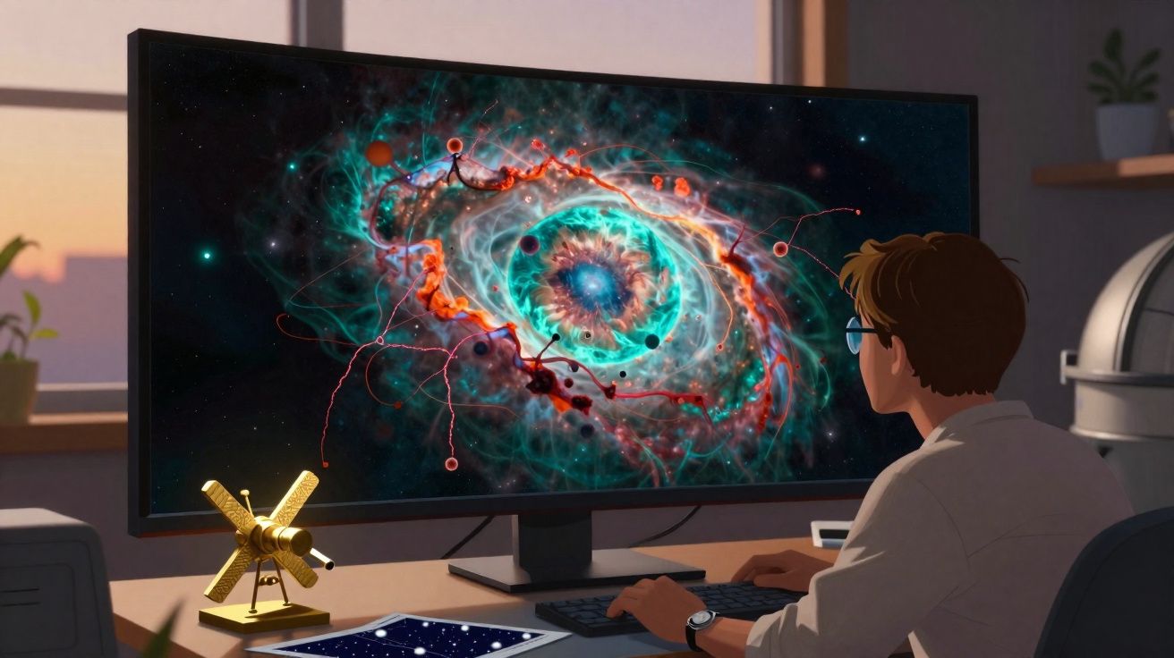 Pessoa observando imagem digital de galáxia colorida em monitor de computador em ambiente interno.