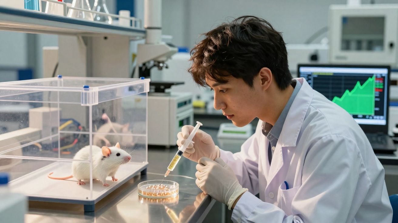 Cientista em laboratório com jaleco usando seringa em placa de Petri próxima a rato branco em caixa transparente.