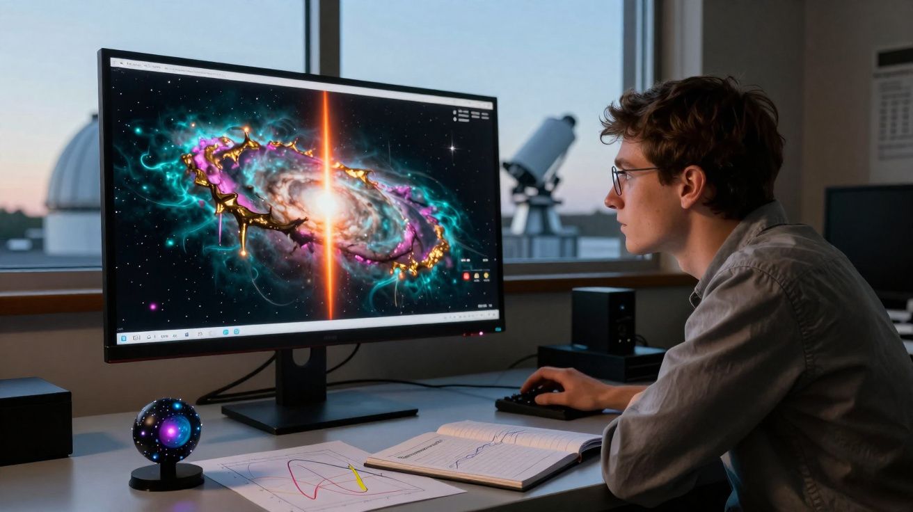Jovem estudando imagem digital de galáxia colorida em tela de computador numa sala com telescópio atrás.