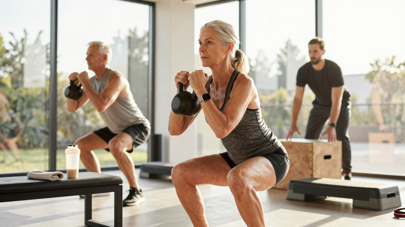 Grupo de pessoas maduras fazendo exercícios com kettlebell em academia iluminada.
