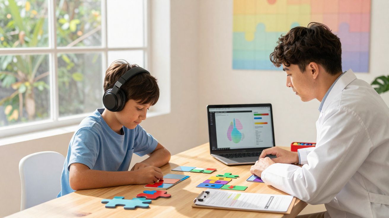Criança com fones montando quebra-cabeça colorido em mesa com profissional em jaleco e laptop aberto.
