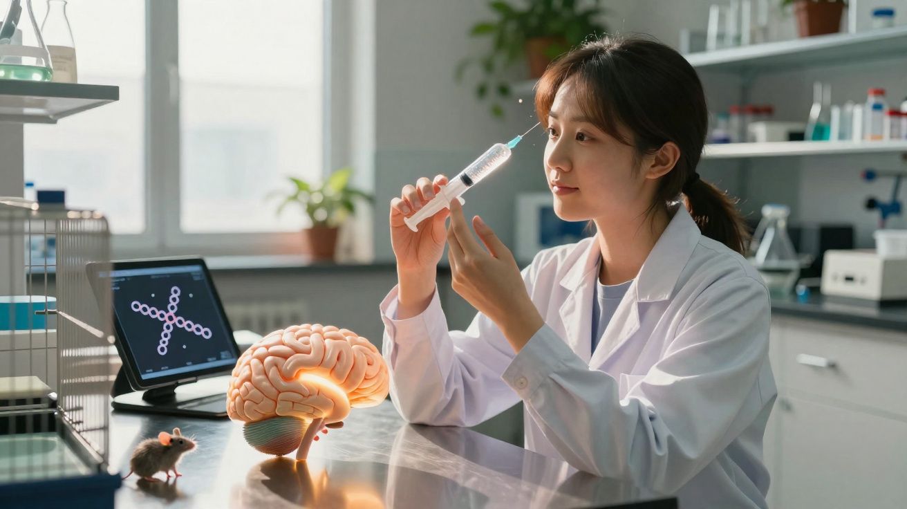 Pesquisadora em laboratório com seringa, modelo de cérebro e rato de laboratório na mesa.