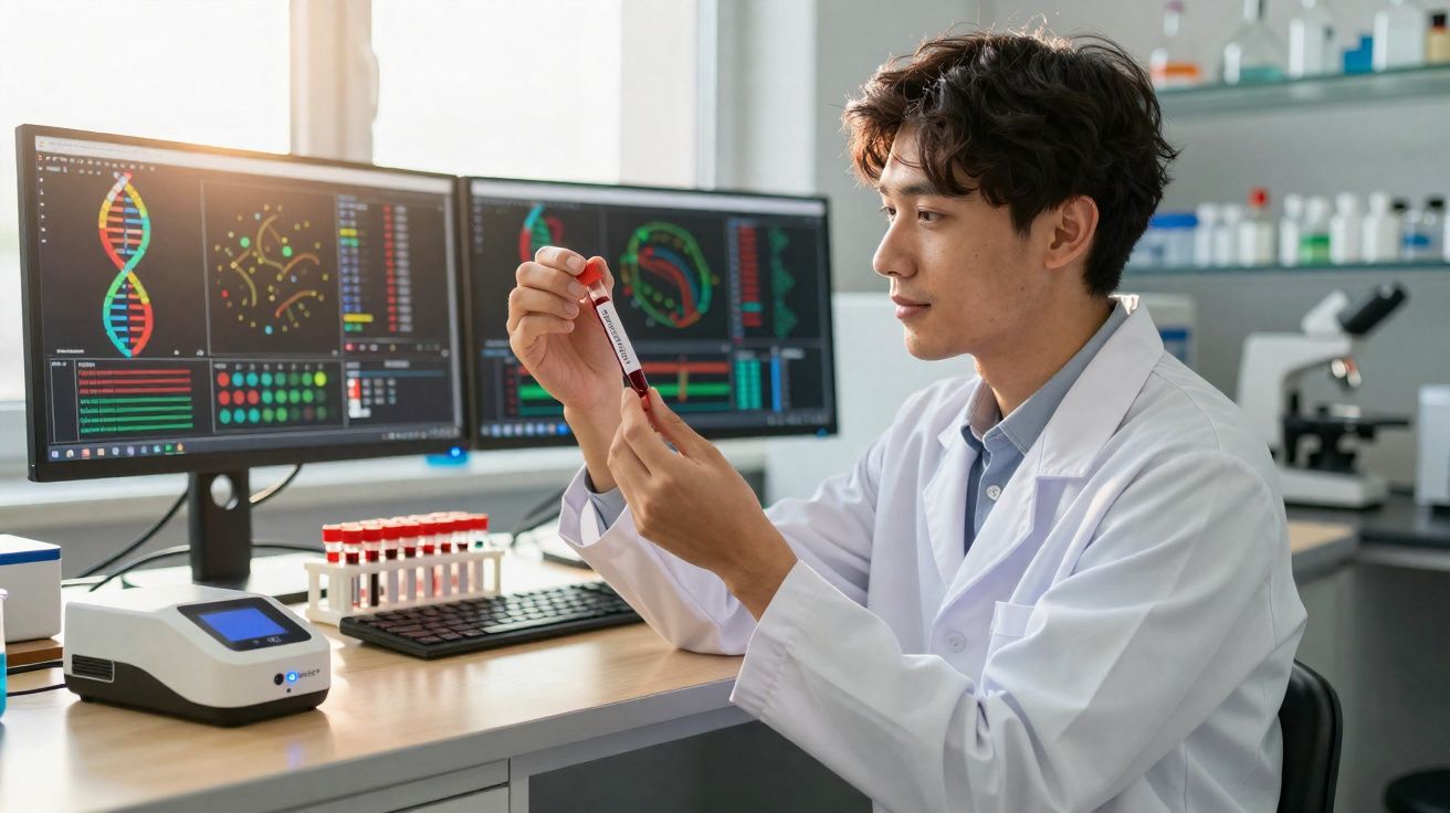 Cientista analisando tubo de ensaio com amostra de sangue em laboratório de genética.