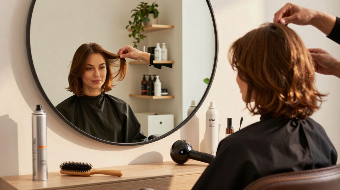 Mulher com capa preta sentada em salão sendo penteada por cabeleireiro, refletida em espelho redondo.