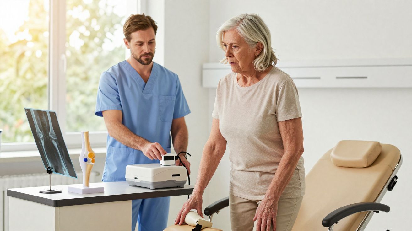 Homem médico ajustando dispositivo médico enquanto mulher idosa em pé em consultório.
