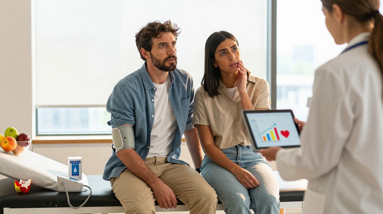 Casal em consulta médica, homem com medidor de pressão no braço e doutora mostrando gráfico em tablet.