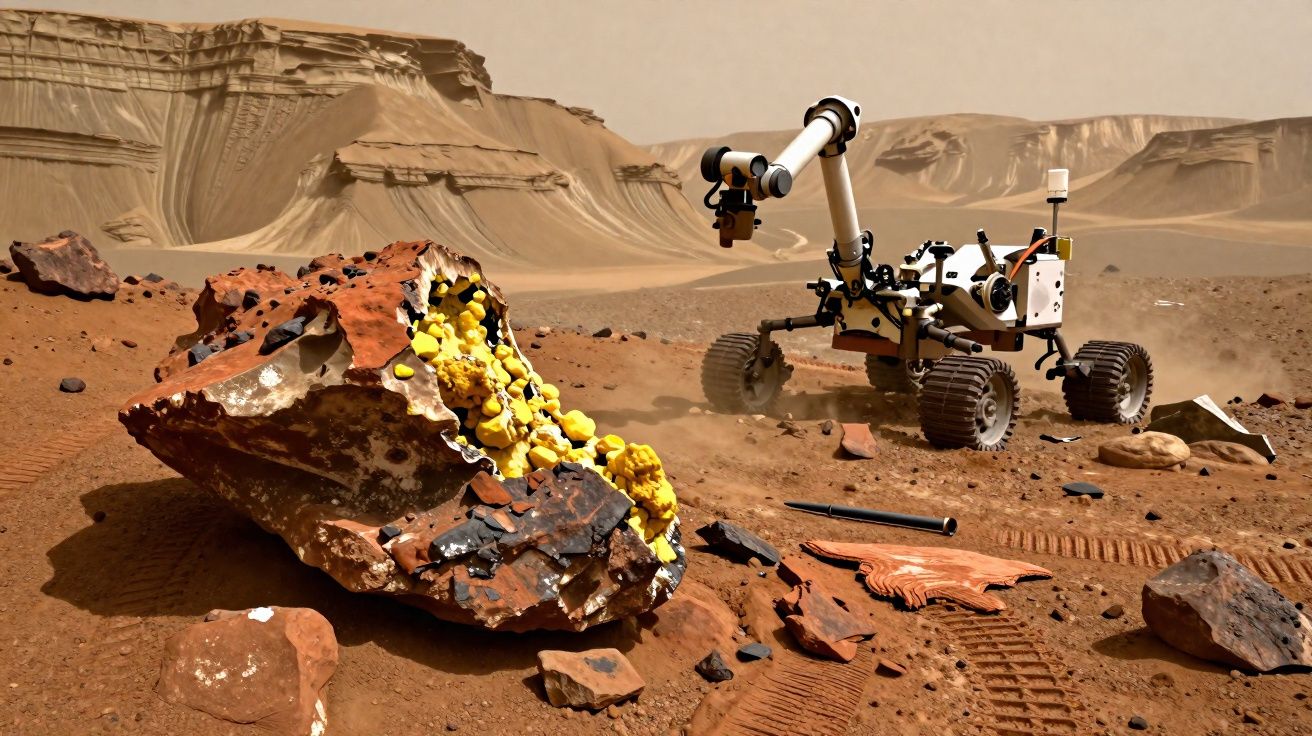 Rover explorando solo marciano com rocha grande e amarelas estruturas dentro, em ambiente desértico.