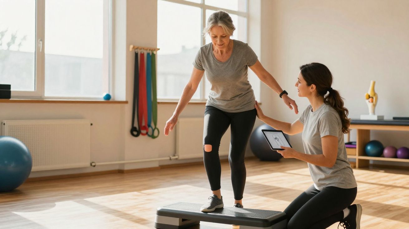 Mulher idosa faz exercício de equilíbrio em step com acompanhamento de fisioterapeuta em clínica.
